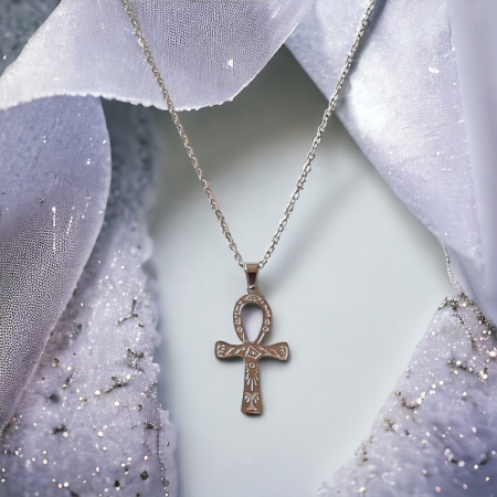 collier croix de ANKH argenté acier inoxydable